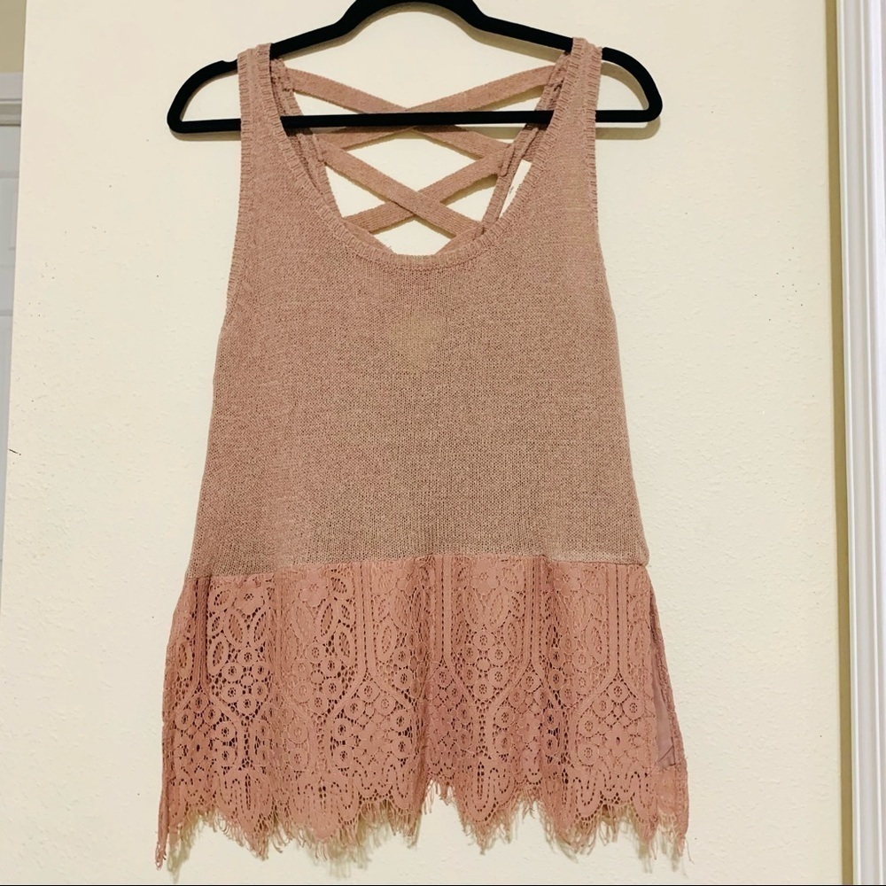 ENTRO Blush Muave Knitted Lace Hem Tank Top S